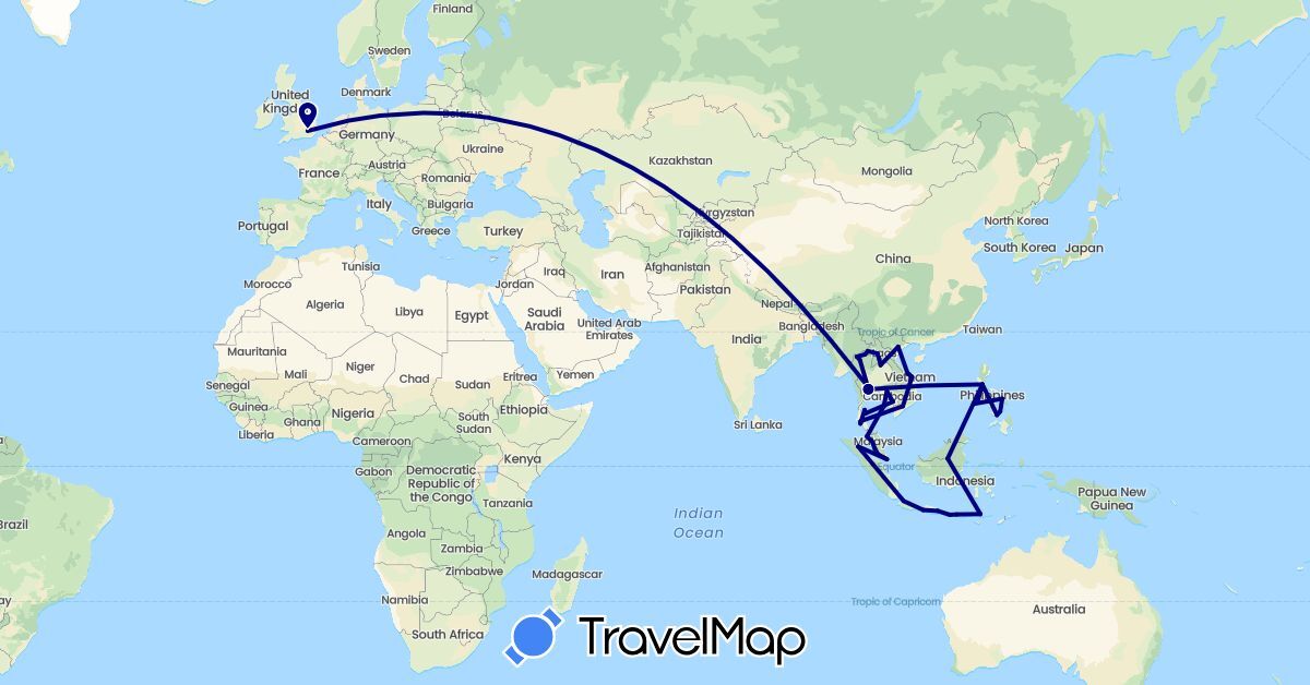 TravelMap itinerary: driving in United Kingdom, Indonesia, Cambodia, Laos, Malaysia, Philippines, Singapore, Thailand, Vietnam (Asia, Europe)